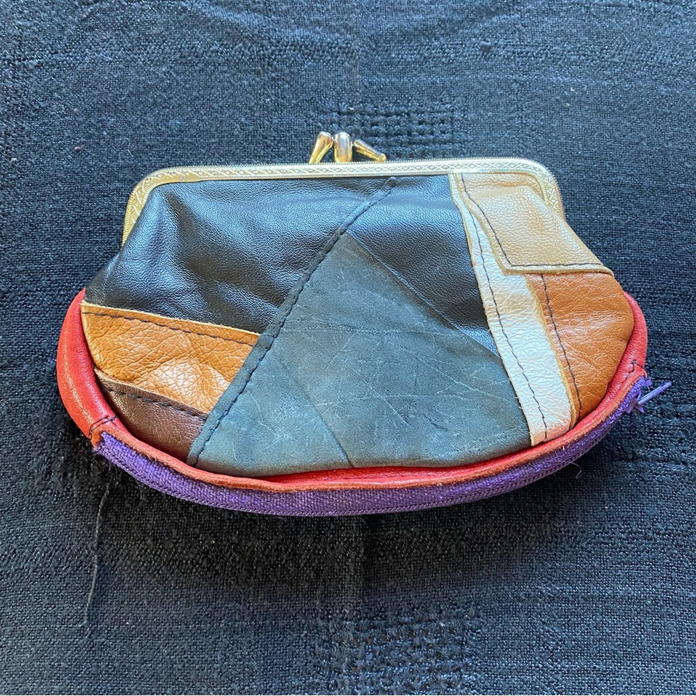 Vintage Leather Patchwork Zipper pocket with snap closure double pocket Pouch.